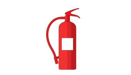 Obraz premium Red Fire Extinguisher with Attached Hose and White Label on Cylindrical Body 