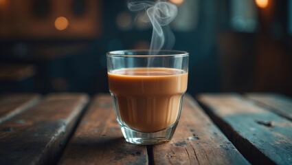 A partially filled glass of chai on a wooden table with steam rising, perfect for cozy visuals suitable for blogs and social media