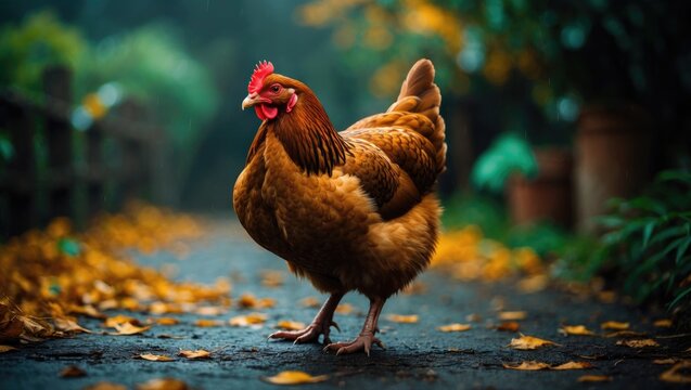 Close-up of a hen on a rainy farm path amidst foliage and fallen leaves showcasing wildlife