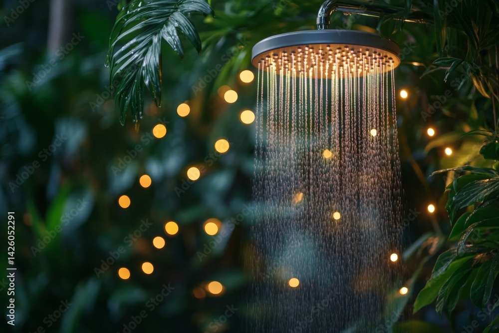Poster outdoor shower surrounded by lush greenery and soft lighting creates a tranquil atmosphere for relax