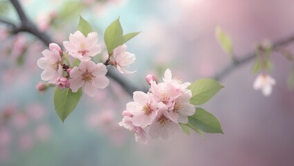 Obraz premium Full Bloom of Cherry Blossoms with Fresh Green Leaves