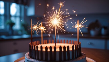 Colorful children's birthday cake showcasing a horse stable design, chocolate elements, and joyful atmosphere
