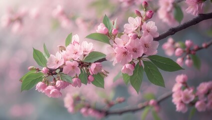 Obraz premium A branch decorated with soft pink blossoms and lush green foliage highlighting the splendor of nature