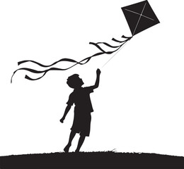 Child Flying a Kite Silhouette Vector – Editable Outdoor Scene on White Background.A beautiful silhouette vector of a child flying a kite in an outdoor scene. 