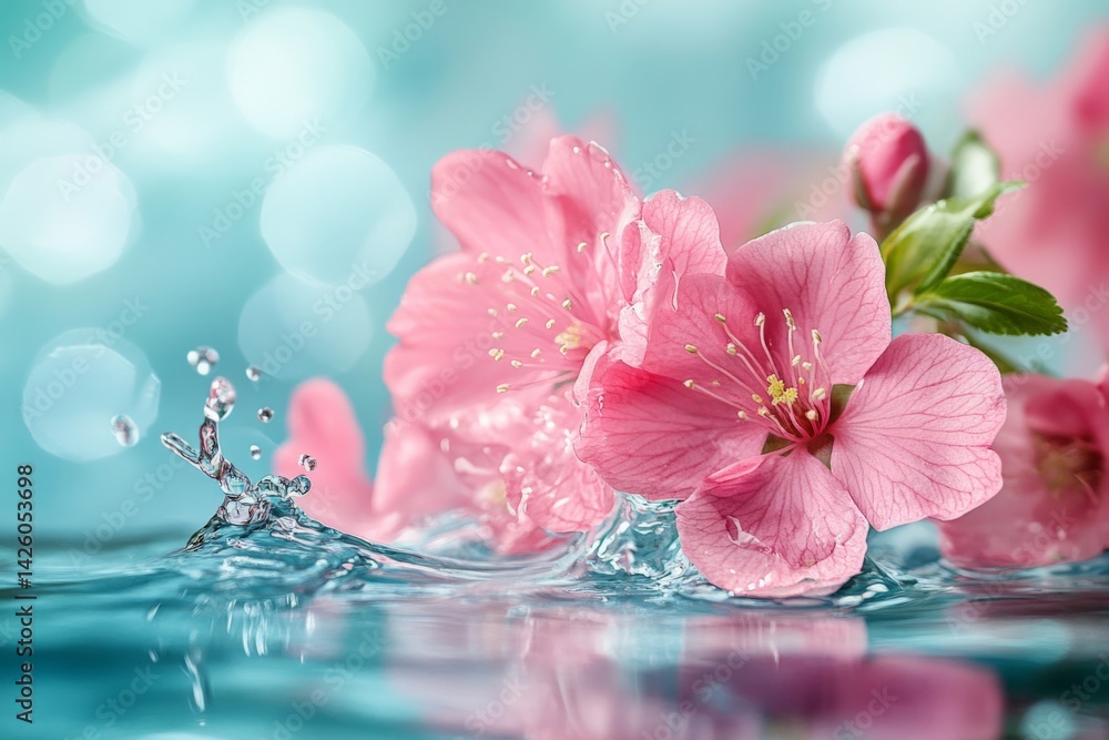 Poster Pink blossoms surrounded by water create a serene and refreshing display in a tranquil setting