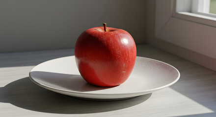 Fresh Red Apple On A White Plate Illuminated By Sunlight Near Window