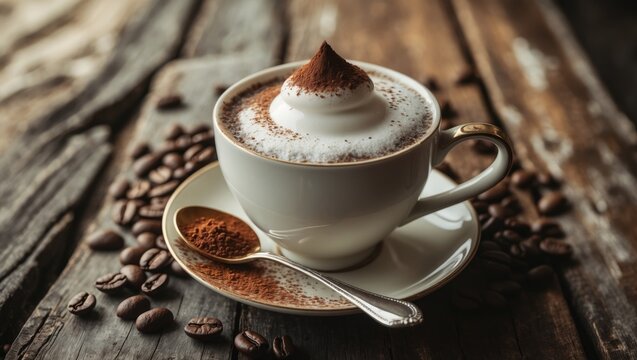 Coffee mug with milk and coffee beans on an artistic background. - Powered by Adobe