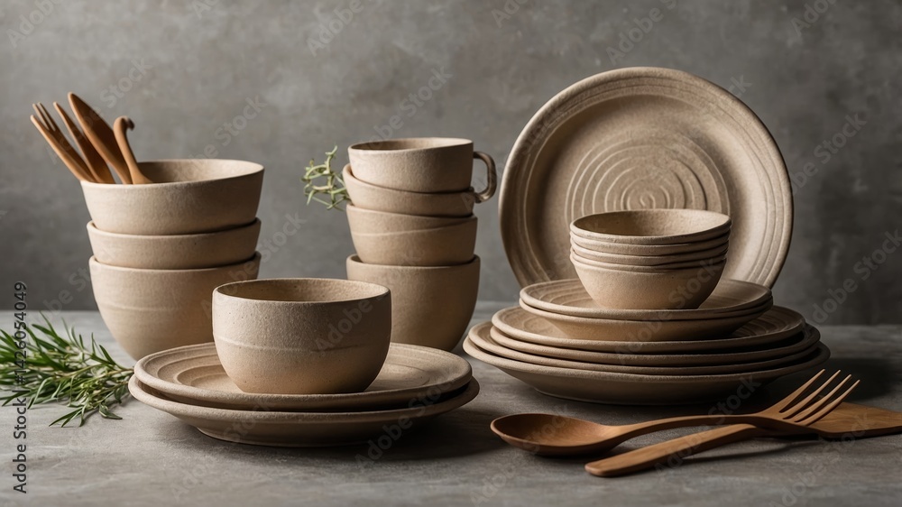 Aufkleber elegant handmade pottery tableware set arranged on a textured surface for a rustic dining experience