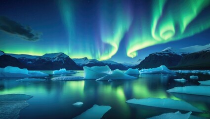 A breathtaking night sky illuminated by shimmering aurora borealis over a serene landscape of glaciers and icebergs