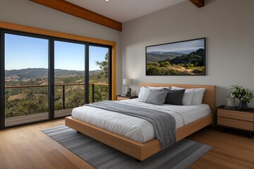 Fototapeta premium A bedroom with minimalist design, featuring an oak bed and side tables. The room has large windows that provide natural light and a view of the outdoors. It includes neutral-colored walls, white