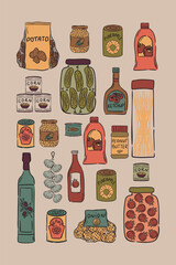 Illustration of pantry essentials including preserved vegetables, oils, canned foods, and sauces.