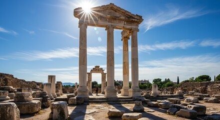 Person Exploring Ancient Laodicea Columns Ruin in Turkey, Sunny Sky. Tourist admiring classical Greek architecture in historical landmark, bright sunlight, scenic views, cultural heritage journey.