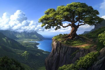 Obraz premium A breathtaking view of the vast ocean, with white clouds floating in the blue sky above. The scene is rendered in a realistic anime style, showcasing intricate details and vibrant colors that