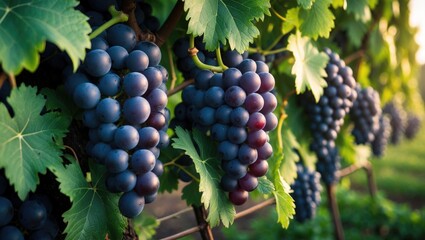 A cluster of ripe grapes dangling from a lush green vine