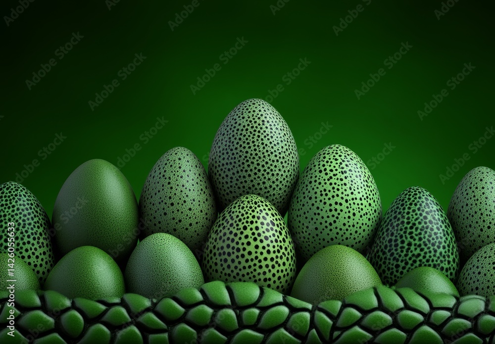 Poster a close-up of green eggs, stacked in rows on top of each other, the background is blurred to emphasi