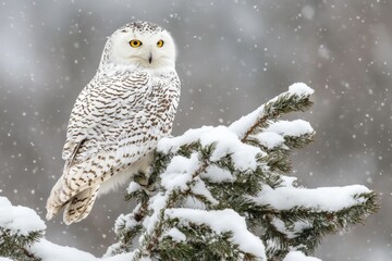 Fototapeta premium Snowy owl perched on a snow-covered tree during a winter snowfall in a serene forest setting