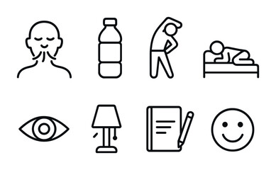 Wellness routine icon set: breathing, hydration, exercise, sleep, vision, relaxation