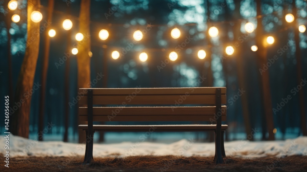 Poster a snow-dusted wooden bench glows warmly with string lights, nestled among evergreen trees under a tw