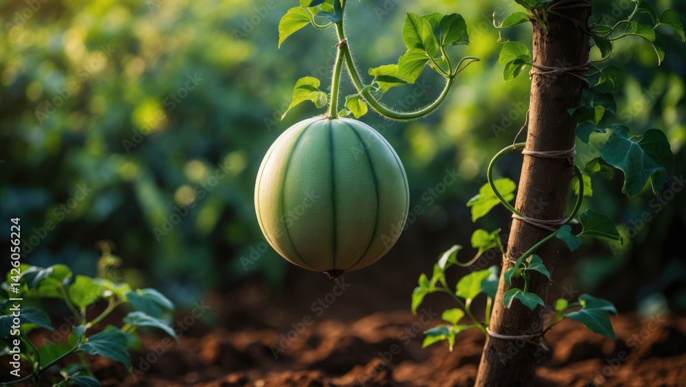 Poster a tiny melon develops vertically where a tree is planted.