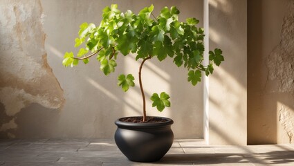 A 50cm tall grapevine plant in a pot supported by stakes, flourishing with lush green leaves