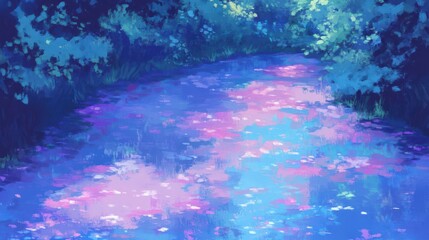 Enigmatic waters reflecting ethereal blossoms and foliage