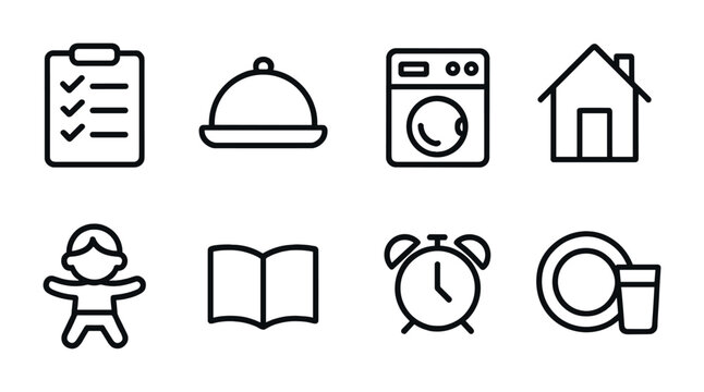 Daily life linear icon set: home, laundry, meals, reading, and more