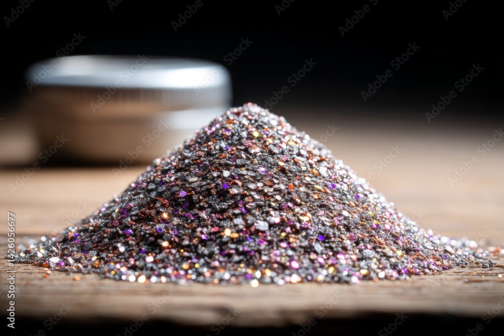 Poster sparkling pile of multicolored glitter on wooden surface with blurred background