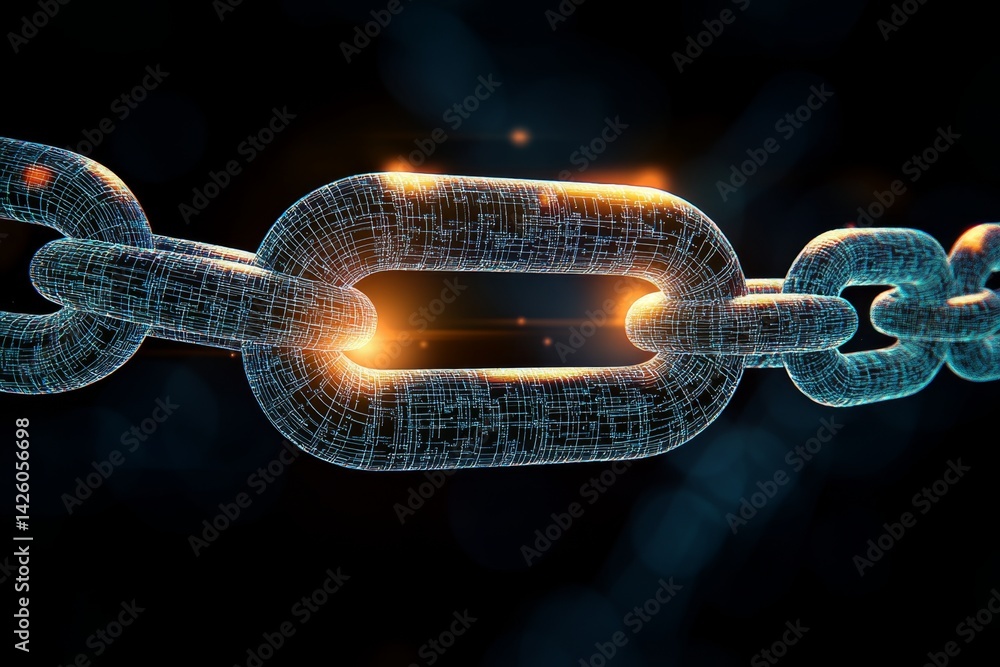 Poster a digital illustration of an orange, glowing chain on a black background, symbolizing the concept of