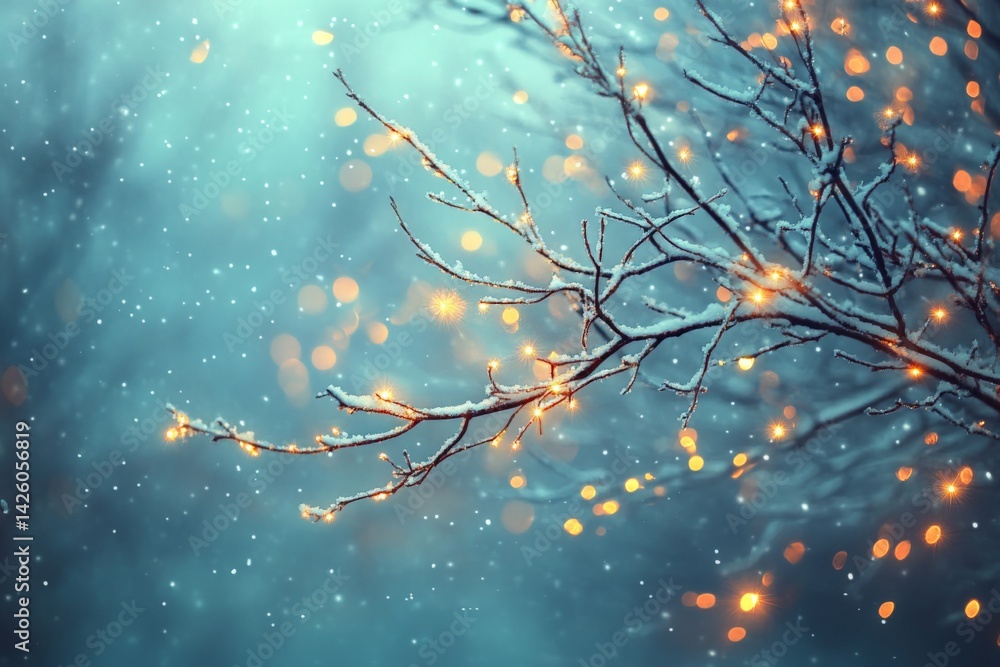 Aufkleber Snowy branches adorned with glowing lights create a serene winter wonderland atmosphere at dusk