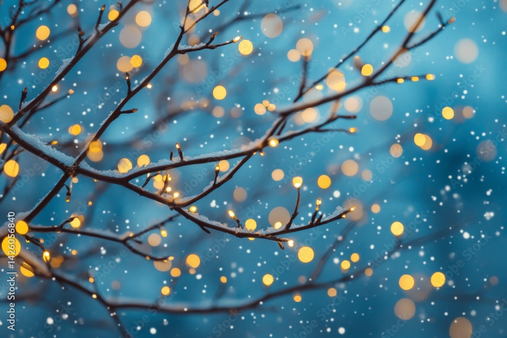 Poster winter wonderland with snow falling on tree branches and glowing lights in a serene outdoor setting