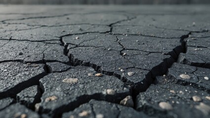 Close-up of old asphalt road with cracked and fractured texture