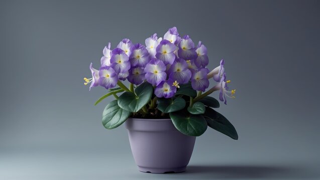 Optimara Little Intermezzo displayed on a gray background with a beautiful blooming mini Violet