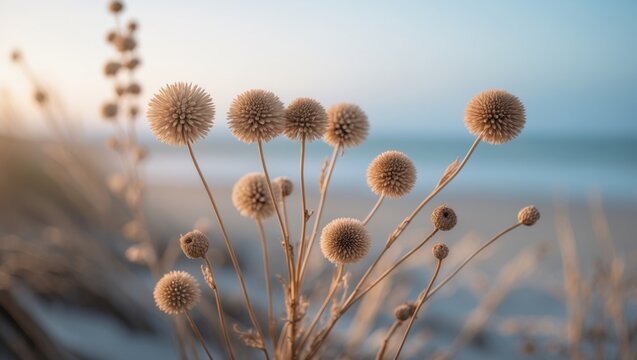 Beach flora featuring dried flower seeds against a bright white sky with a blue-grey and beige blurred background, highlighting warm, neutral tones and the resilience of nature.