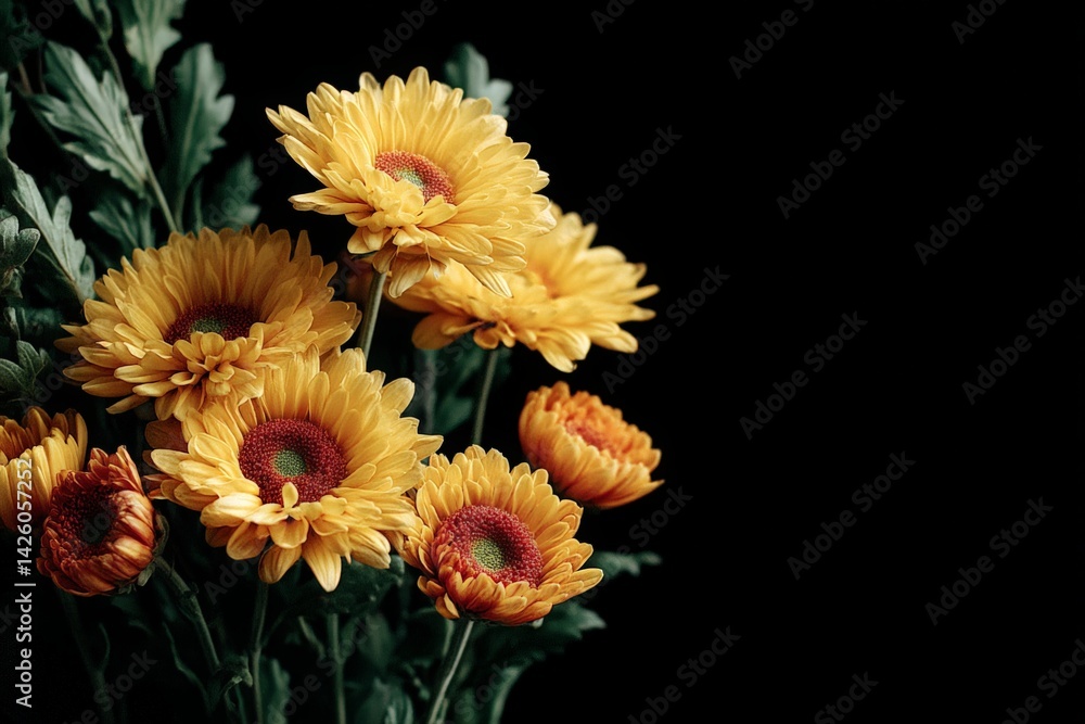 Poster bright yellow flowers in a dark setting create an elegant and striking display of nature's beauty