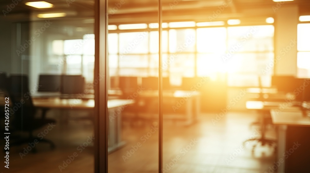 Poster modern office space features wide-angle view with sleek furniture in neutral tones illuminated by so