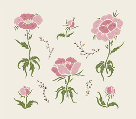 Vintage Floral Vector Set of Pink Wildflowers, Leaves, Beautiful Spring Flowers