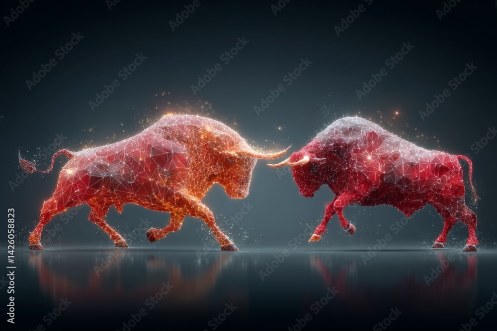 Poster dynamic clash of two digital bulls symbolizing market competition and financial battles in a modern 