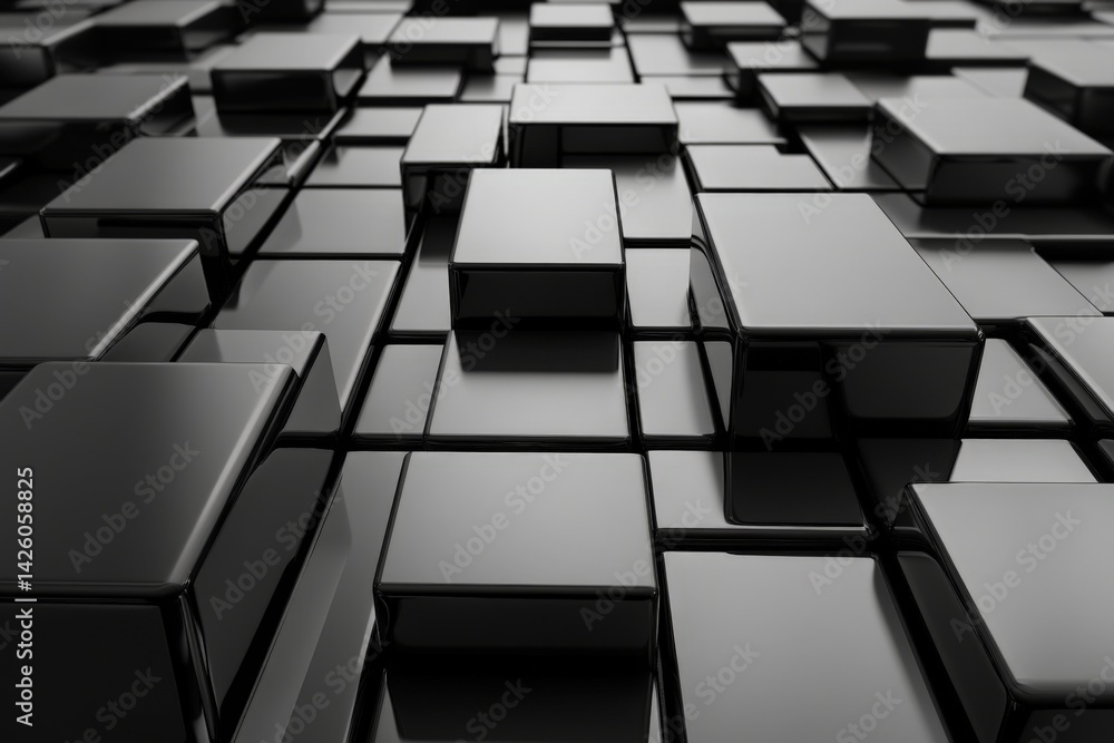 Aufkleber Smooth black cubes arranged in a complex geometric pattern on a surface, emphasizing shadows and reflections