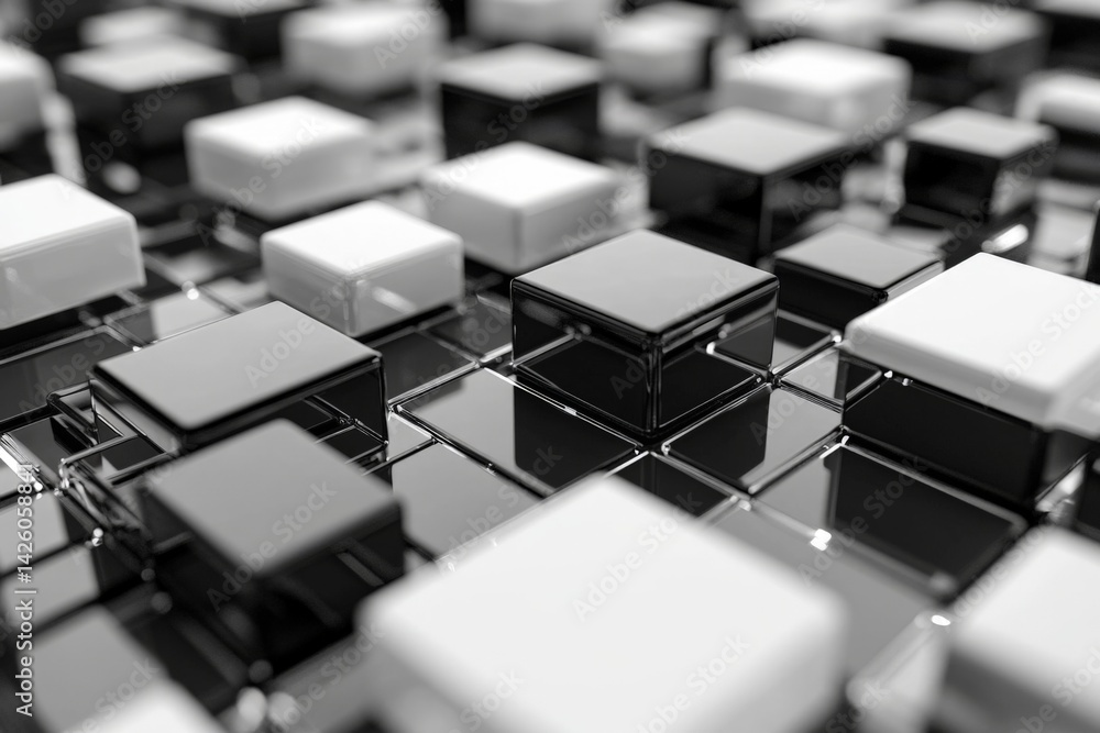 Poster Abstract arrangement of glossy black and white cubes on a reflective surface creating an intricate geometric pattern