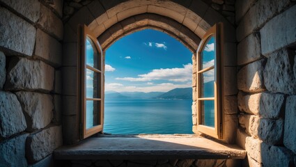 Fototapeta premium Open window overlooking a lake and mountain range