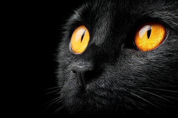 Captivating close-up of a black cat with striking orange eyes against a dark background