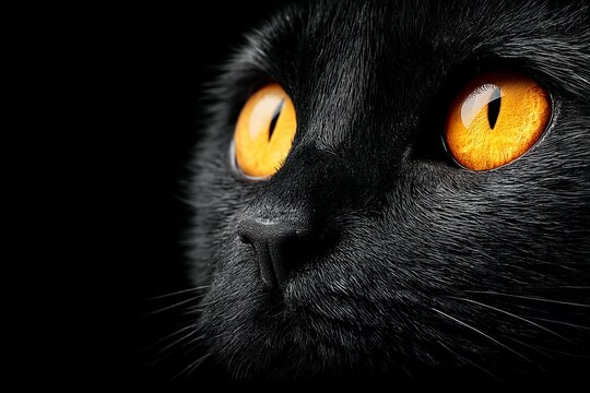 Captivating close-up of a black cat with striking orange eyes against a dark background - Powered by Adobe