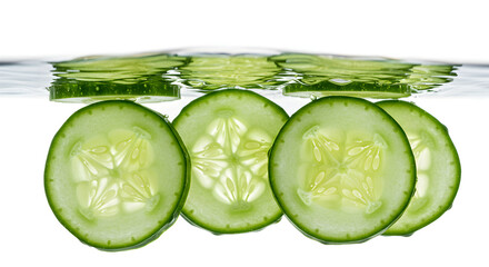 Fresh Cucumber Slices Floating In Clear Water On White Background