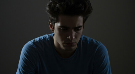 Obraz premium Young man s pensive portrait low light setting conveying introspection and emotion dark blue shirt