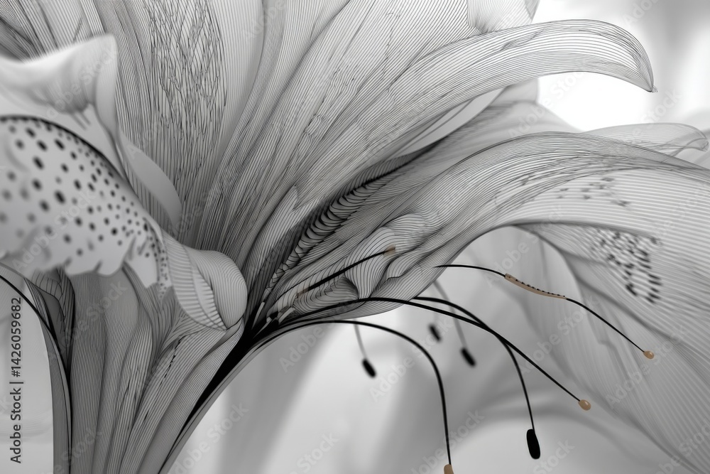 Poster Elegant black and white lily close-up showcasing intricate details and delicate features in a serene setting