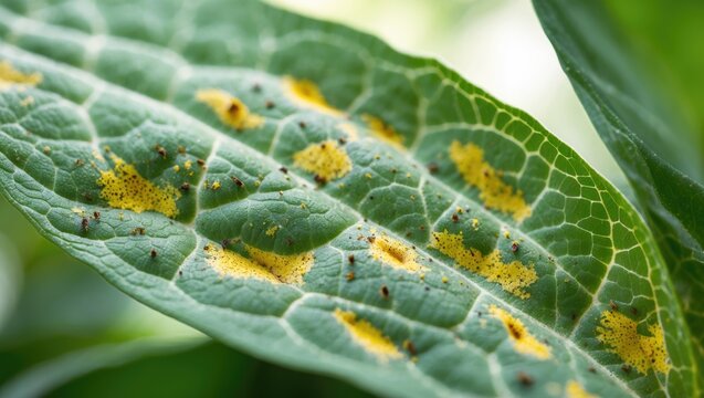 Macro view of thrips on plant leaves in home gardens