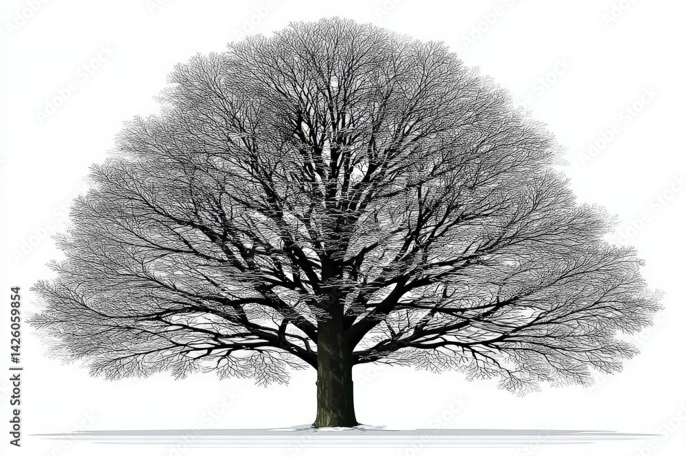 Poster winter tree with bare branches standing against a white background in a snowy landscape