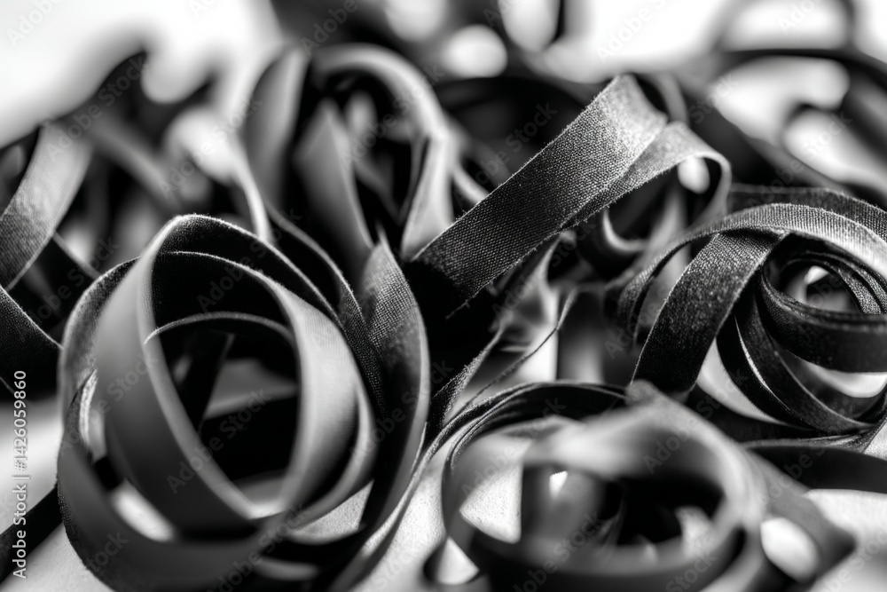 Poster black ribbon curls arranged artistically on a textured surface in soft lighting capturing a creative