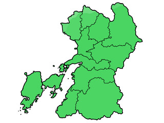 Obraz premium 少しゆるい熊本県地図 地域分け 九州 西日本