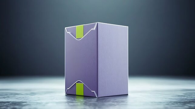 A sleek, modern purple packaging box with green accents, illuminated in a studio setting
